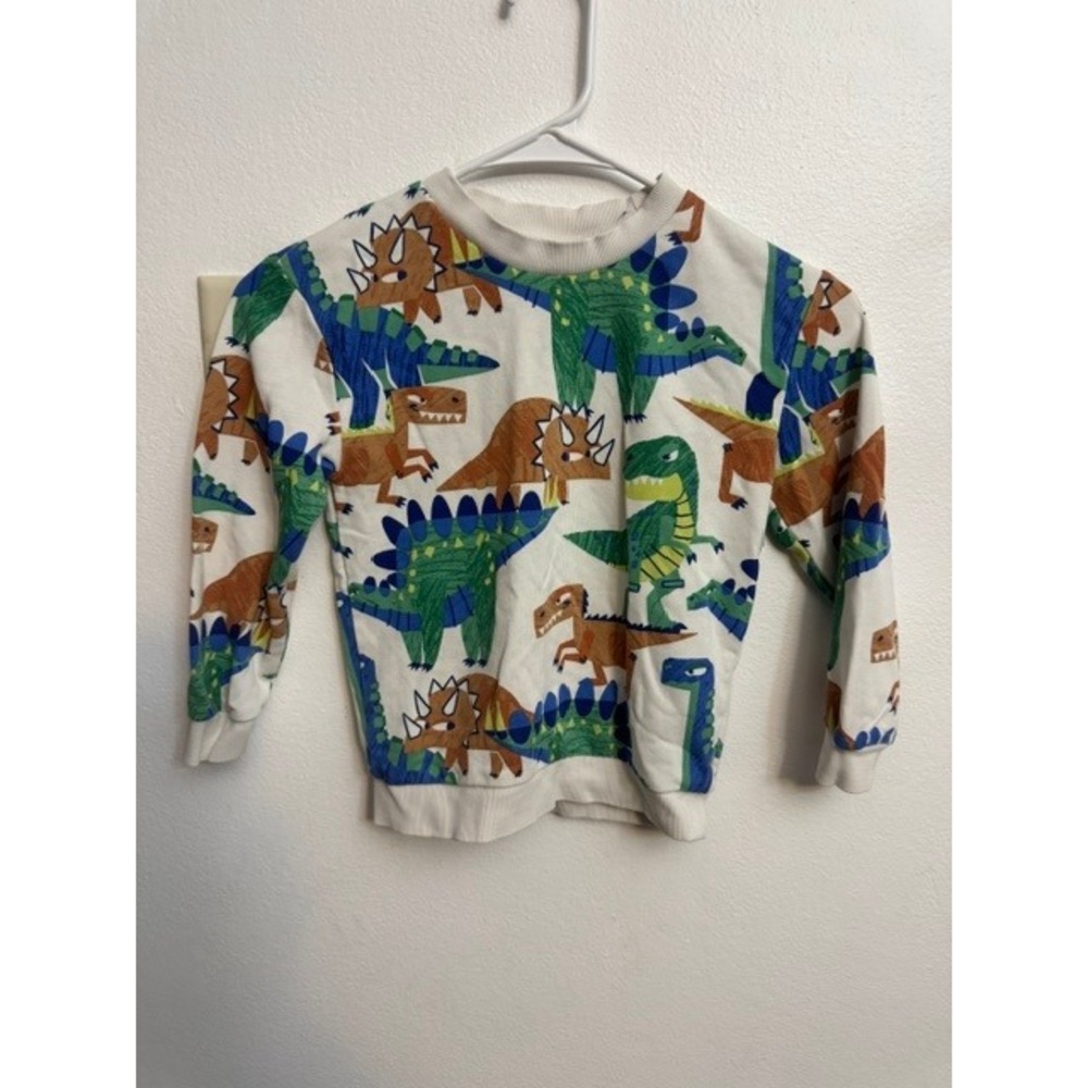 HM Kids Dinosaur Print Sweatshirt White Green Blue Crew Neck Size 5T-6 (G)